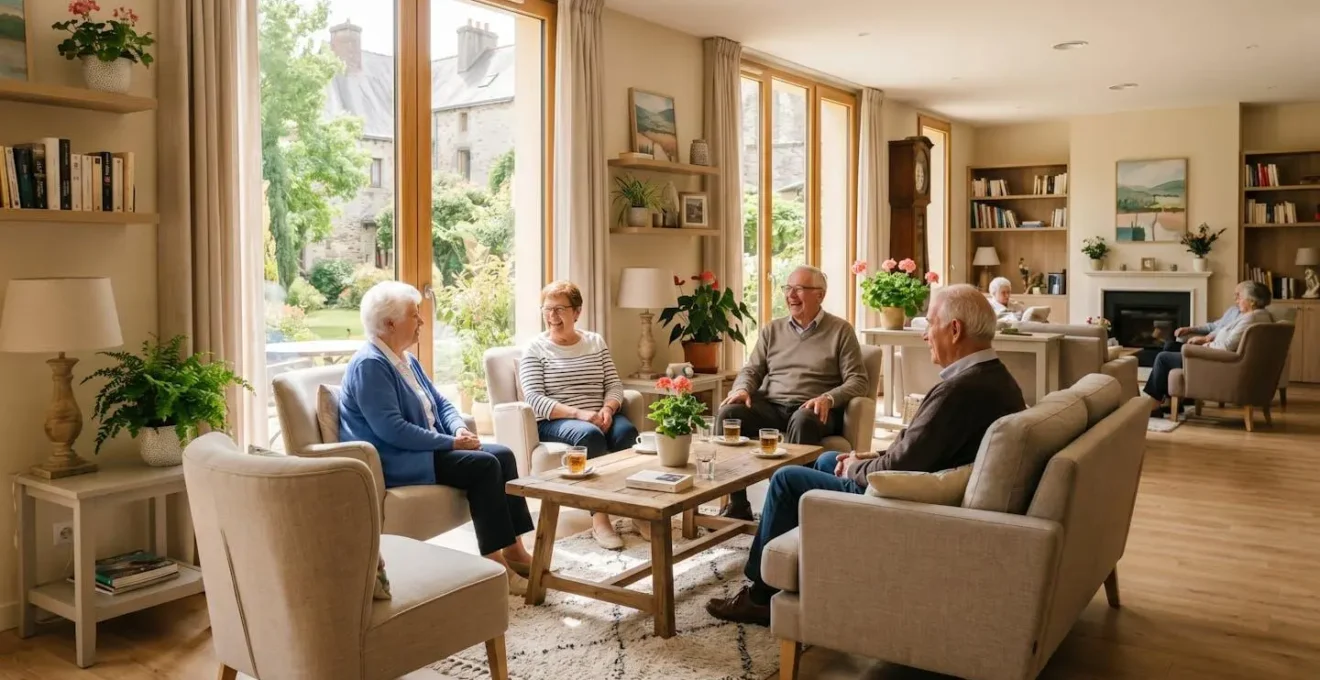 Hall d'une résidence seniors services avec espace commun lumineux et résidents en discussion