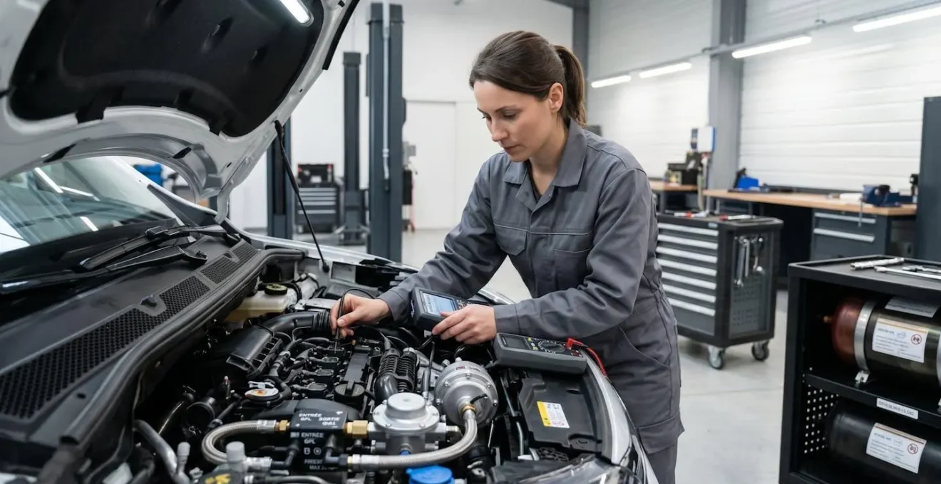 Technicien professionnel inspectant le système GPL bi-carburation sous le capot d'un véhicule utilitaire dans un atelier mécanique moderne