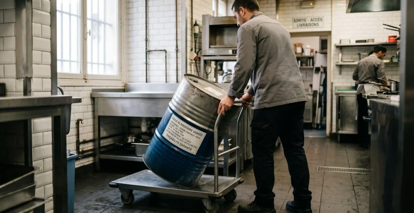 Technicien manipulant un fût métallique de 200 litres d'huile alimentaire usagée avec étiquette de traçabilité dans une arrière-cuisine professionnelle carrelée, lumière naturelle