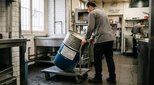 Technicien manipulant un fût métallique de 200 litres d'huile alimentaire usagée avec étiquette de traçabilité dans une arrière-cuisine professionnelle carrelée, lumière naturelle