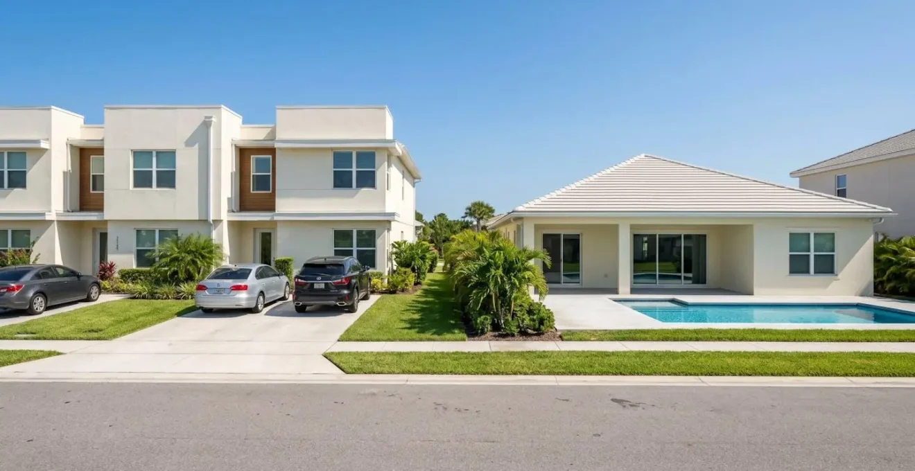 Deux types de biens résidentiels typiques d'Orlando côte à côte : une townhouse moderne avec garage à gauche, une maison individuelle avec piscine à droite
