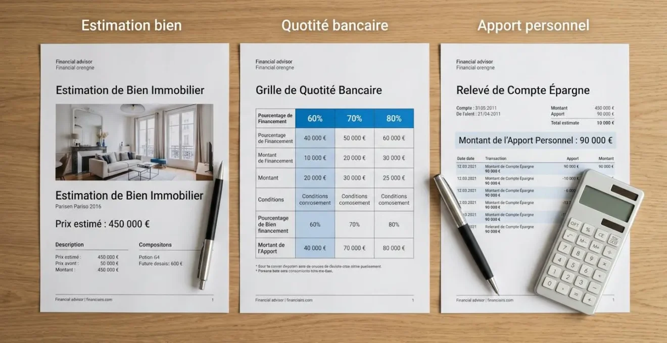 Trois documents disposés sur un bureau : rapport d'estimation immobilière, grille de quotité bancaire et relevé d'épargne pour l'apport personnel