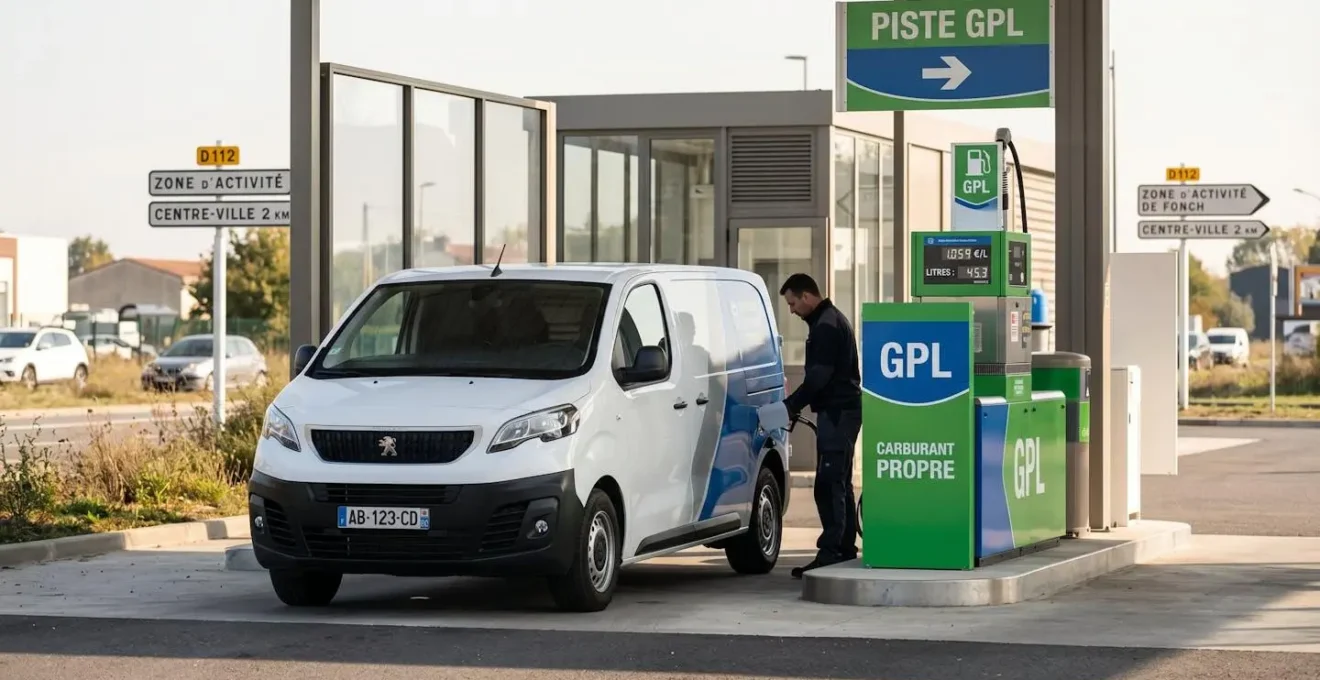 Véhicule utilitaire professionnel en approvisionnement GPL dans une station-service française avec pompe GPL clairement signalisée