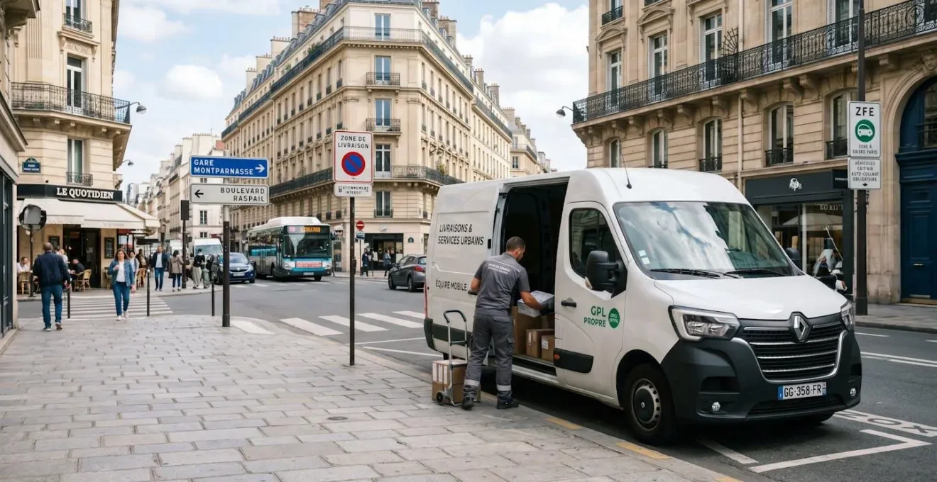 Véhicule utilitaire professionnel équipé GPL circulant dans une rue urbaine française avec signalisation Zone à Faibles Émissions en arrière-plan, lumière naturelle diurne