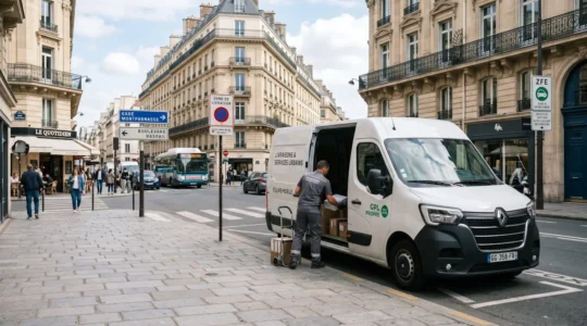 Véhicule utilitaire professionnel équipé GPL circulant dans une rue urbaine française avec signalisation Zone à Faibles Émissions en arrière-plan, lumière naturelle diurne
