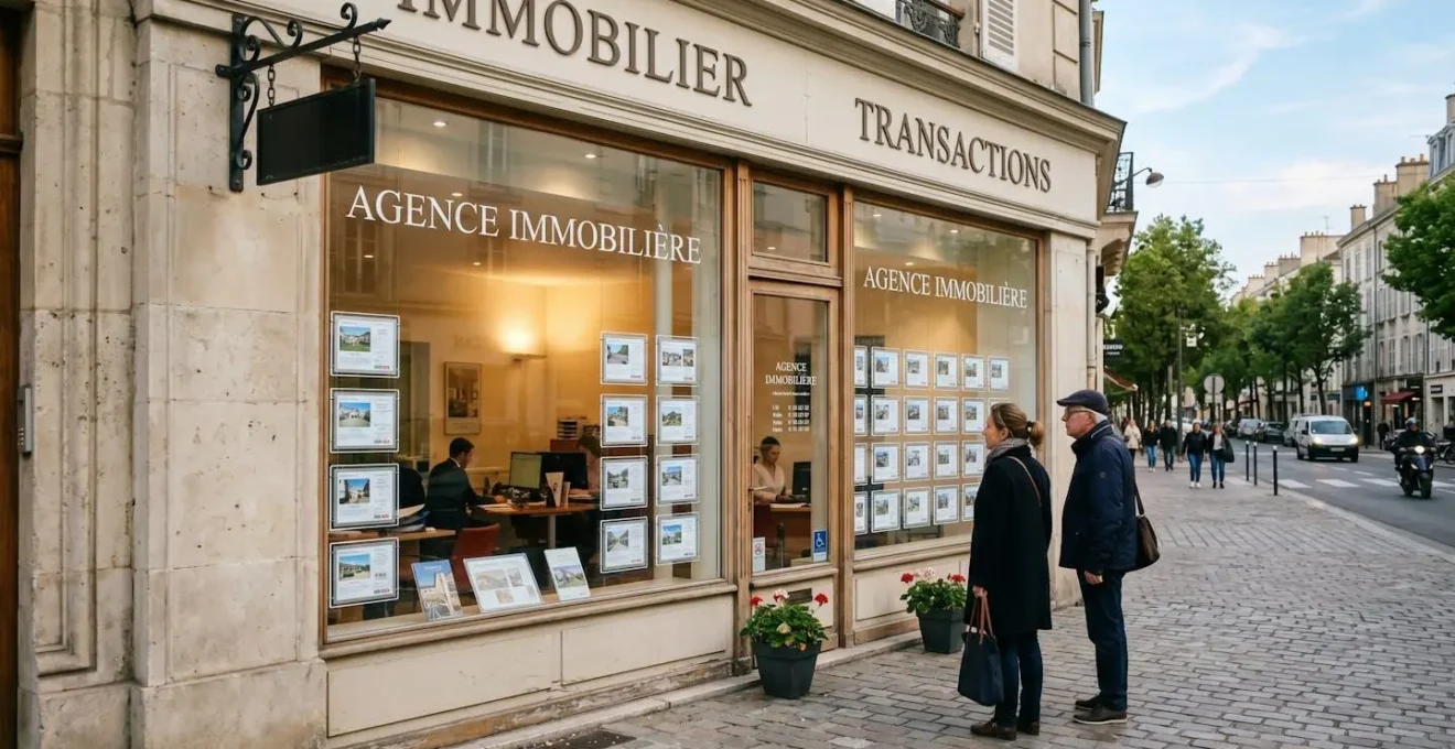Grande vitrine lumineuse d'une agence immobilière à Brive-la-Gaillarde avec des annonces de biens visibles, des passants s'arrêtant pour consulter les offres affichées