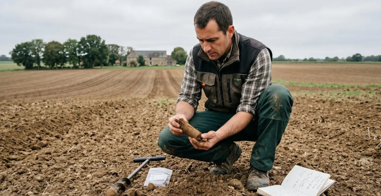Agronome prélevant un échantillon de sol à la tarière dans une parcelle agricole pour analyse de fertilité et diagnostic agronomique