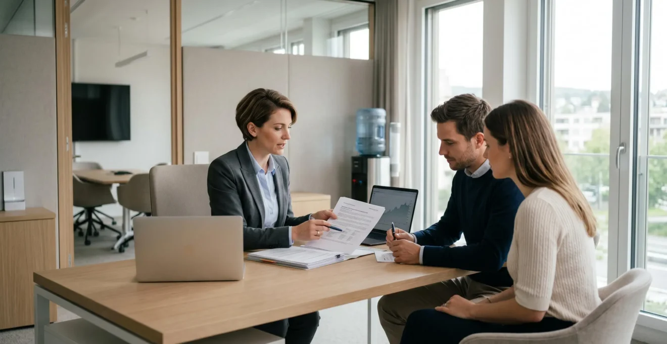 Conseiller bancaire présentant des documents de restructuration de crédit immobilier à un couple dans un bureau moderne et lumineux
