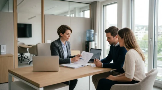 Conseiller bancaire présentant des documents de restructuration de crédit immobilier à un couple dans un bureau moderne et lumineux
