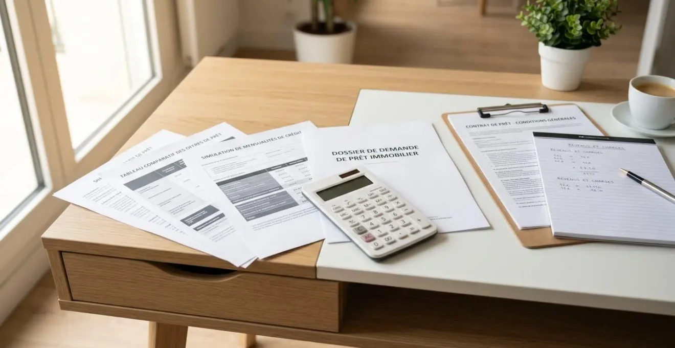Documents financiers, calculatrice et tableaux de comparaison de mensualités disposés sur un bureau pour analyser les options de restructuration