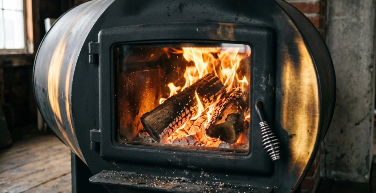 Gros plan sur la vitre d'un poêle à bois rond en acier noir avec flammes orangées et bûches en combustion visibles à l'intérieur