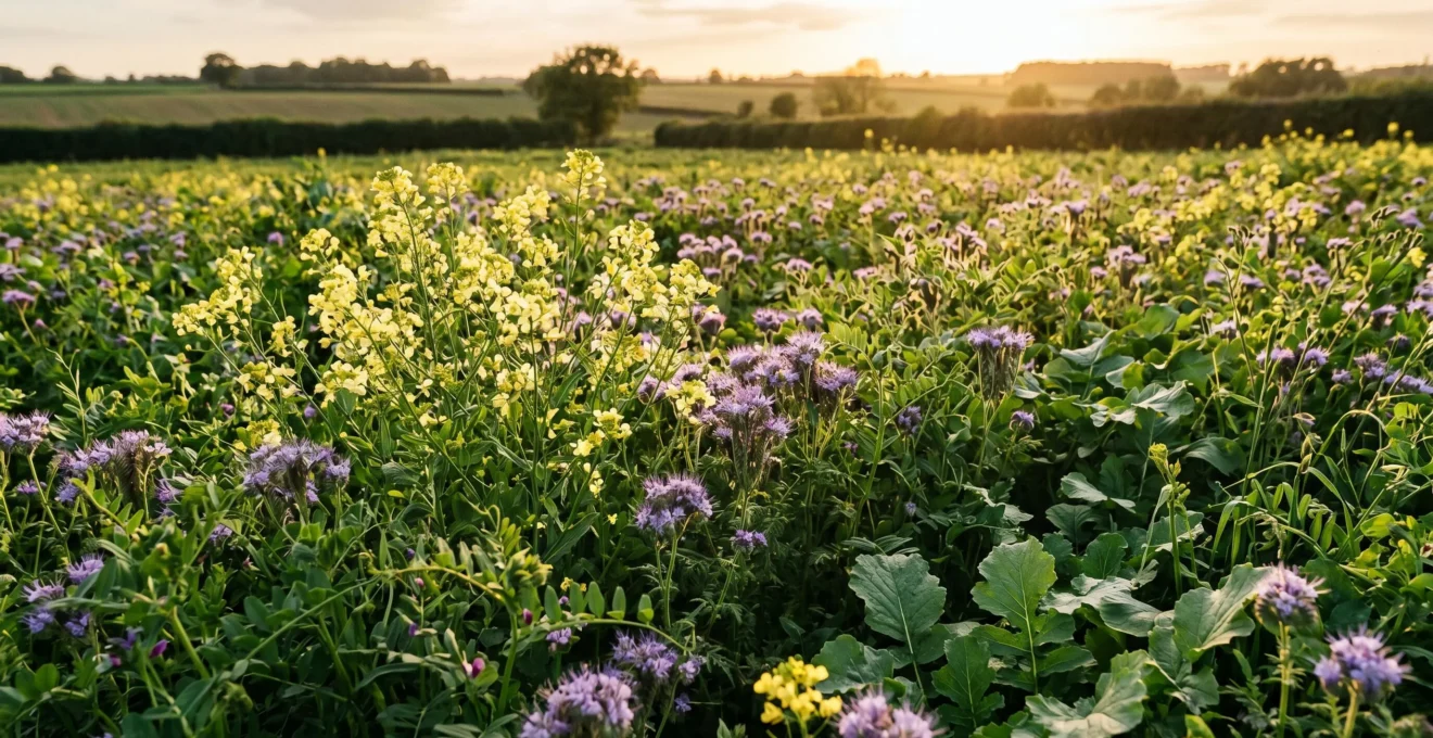 Mélange de couverts végétaux en pleine floraison (moutarde jaune, phacélie violette, vesce verte) implanté en interculture sur parcelle agricole française