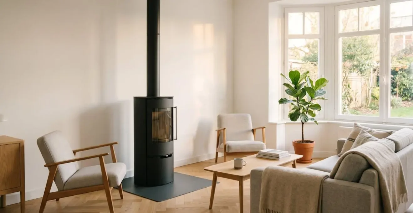 Poêle à bois rond en acier noir installé sur plaque de sol dans un salon contemporain français avec canapé gris, parquet clair et grande baie vitrée lumineuse
