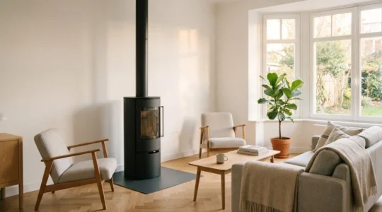Poêle à bois rond en acier noir installé sur plaque de sol dans un salon contemporain français avec canapé gris, parquet clair et grande baie vitrée lumineuse