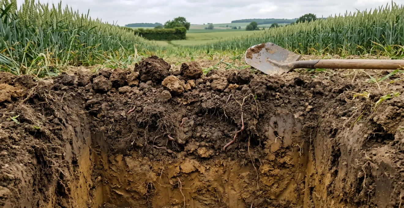 Profil de sol agricole vivant montrant les horizons pédologiques distincts, agrégats structurés, racines actives et vers de terre visibles dans une parcelle de grande culture française