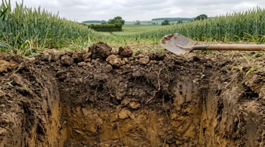 Profil de sol agricole vivant montrant les horizons pédologiques distincts, agrégats structurés, racines actives et vers de terre visibles dans une parcelle de grande culture française