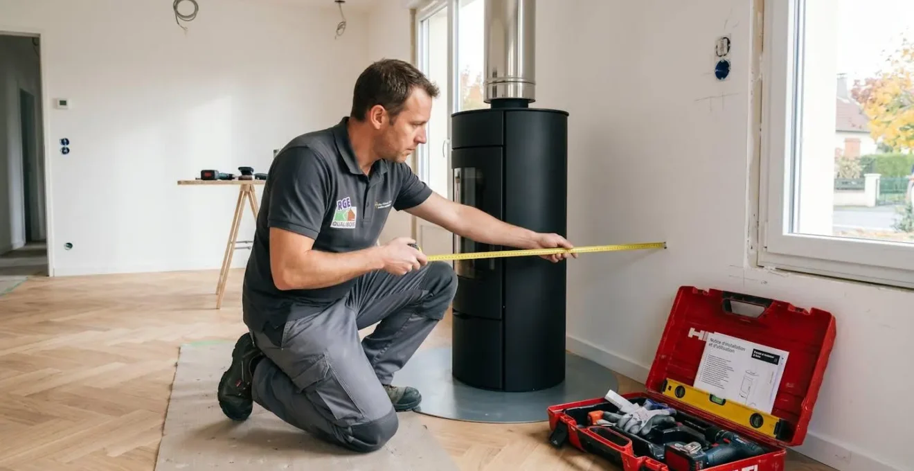 Technicien chauffagiste RGE à genoux mesurant avec un mètre ruban la distance de sécurité entre un poêle à bois rond et le mur adjacent dans une maison en rénovation