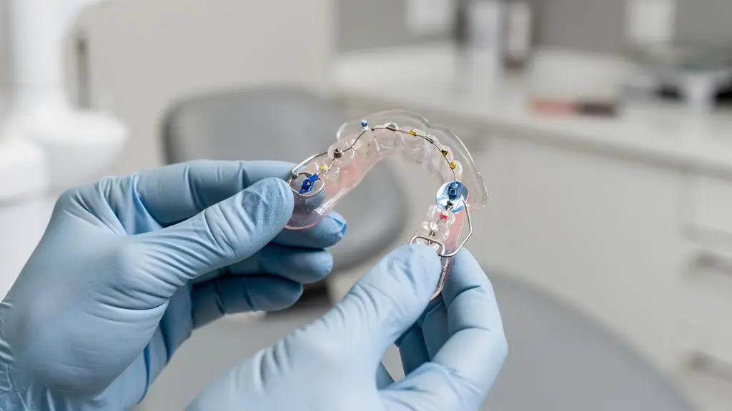 Gros plan sur un appareil orthodontique amovible pédiatrique tenu par un orthodontiste portant des gants médicaux