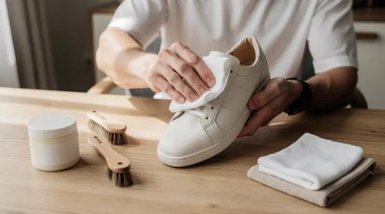 Personne appliquant de la crème nourrissante sur une basket en cuir blanc avec un chiffon doux sur une table en bois