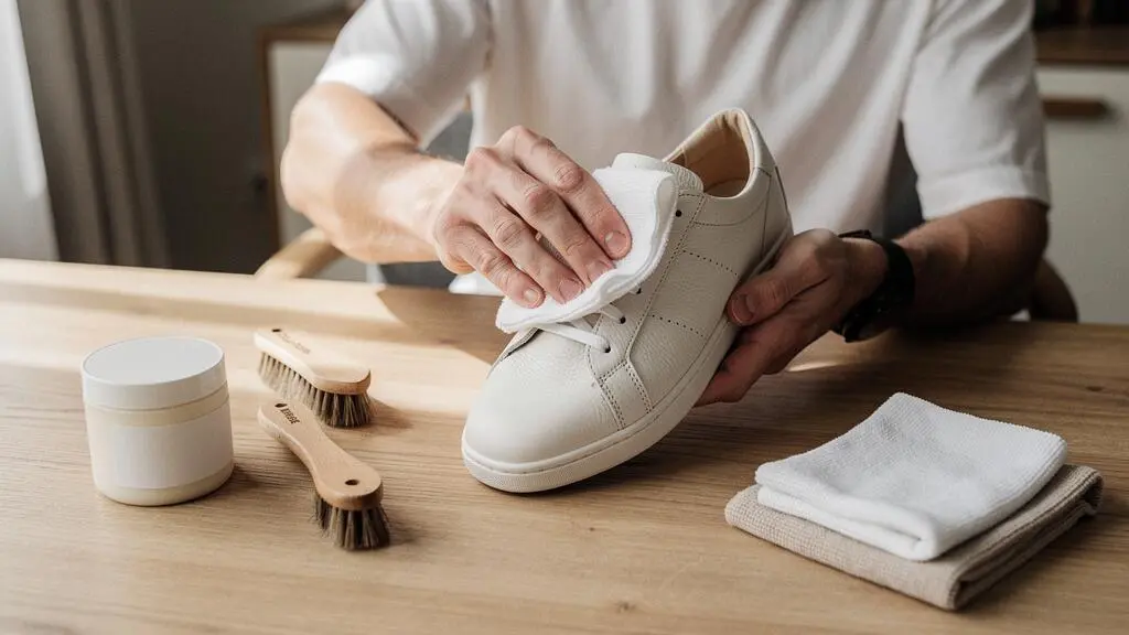 Personne appliquant de la crème nourrissante sur une basket en cuir blanc avec un chiffon doux sur une table en bois