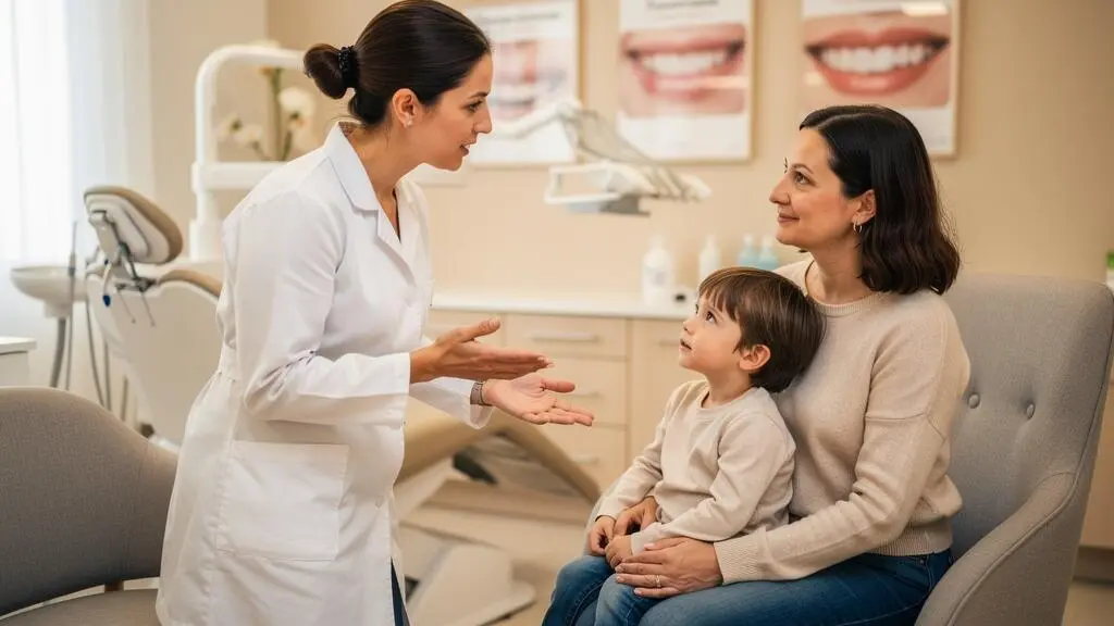 Orthodontiste expliquant un plan de traitement à une mère et son enfant lors d'une consultation dans un cabinet