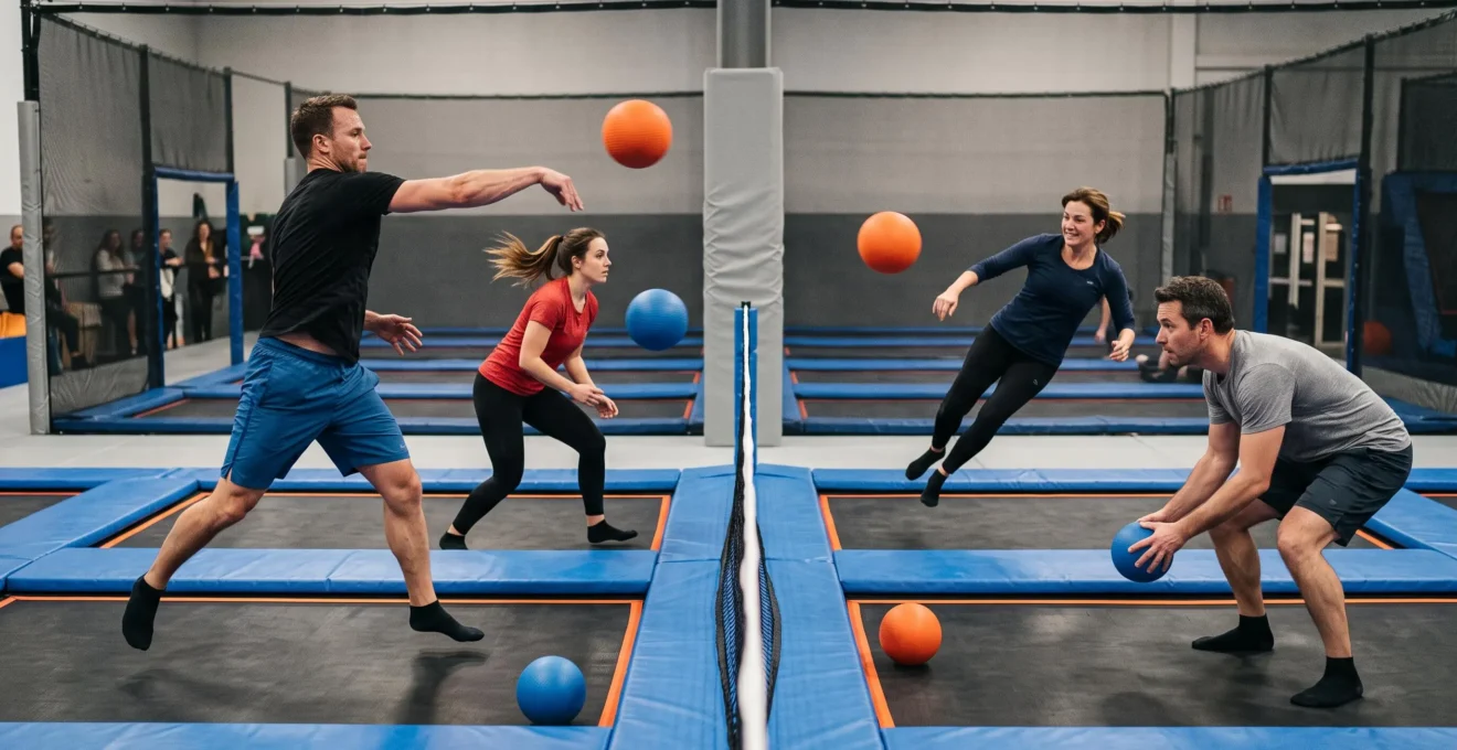 Quatre professionnels jouant au dodgeball sur trampolines dans une zone de jeu dédiée d'un trampoline park