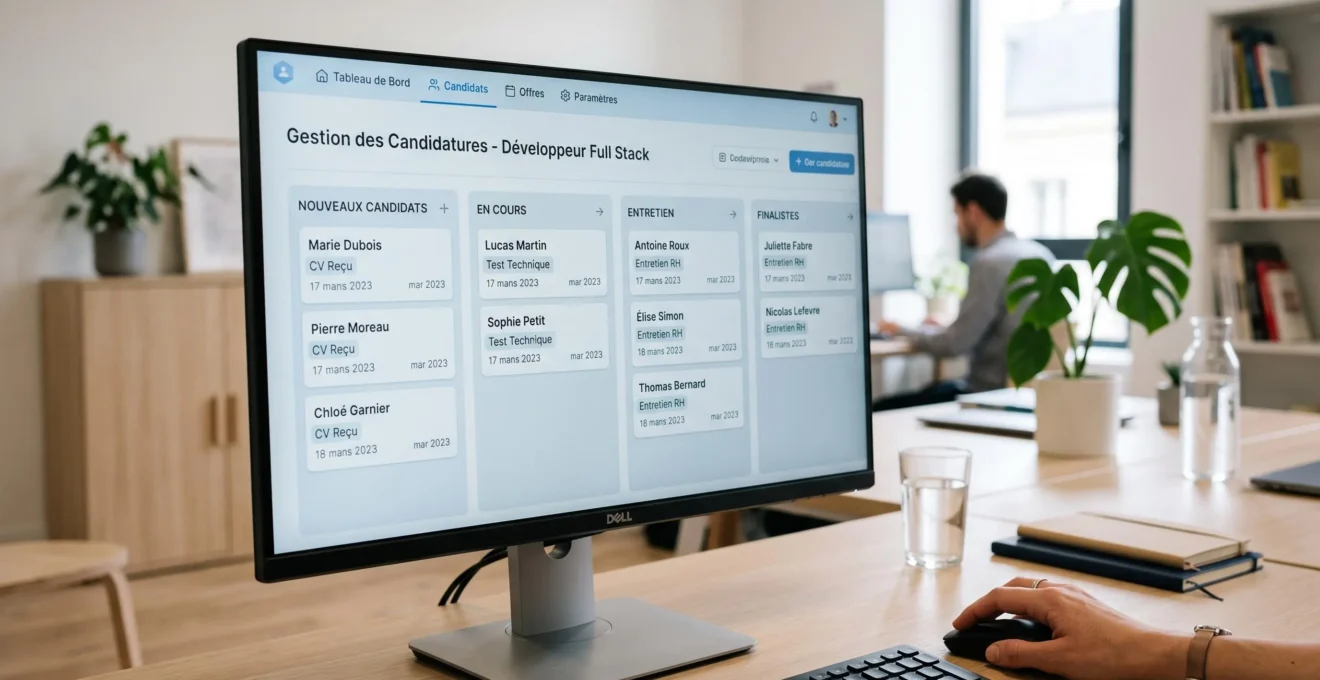 Écran d'ordinateur affichant une interface de gestion de candidatures avec plusieurs colonnes de suivi organisées en pipeline visuel, mains d'un recruteur en arrière-plan