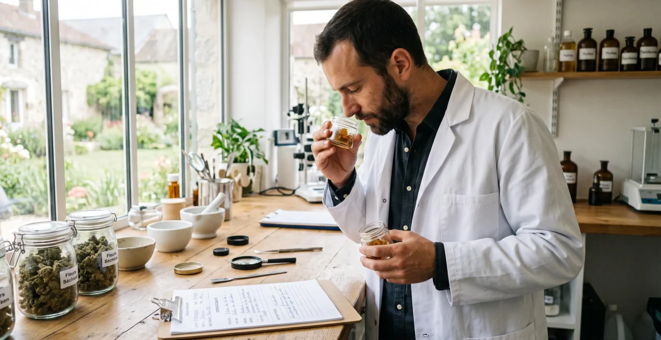 Producteur professionnel évaluant l'arôme d'un échantillon de résine de CBD dans un laboratoire de contrôle qualité