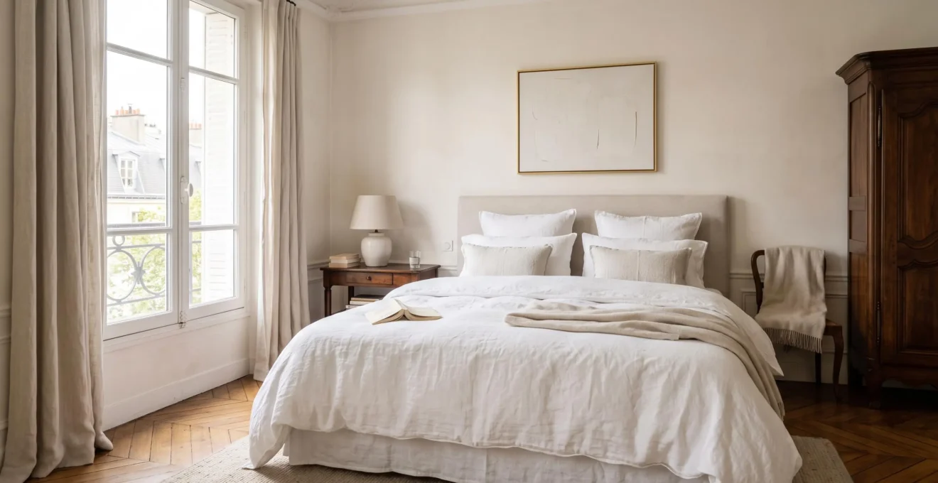 Lit soigneusement fait avec du linge de lit blanc premium dans une chambre contemporaine française, lumière naturelle douce