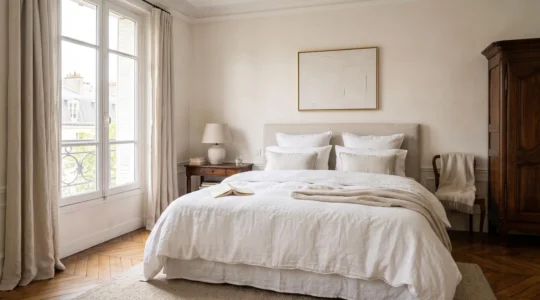 Lit soigneusement fait avec du linge de lit blanc premium dans une chambre contemporaine française, lumière naturelle douce