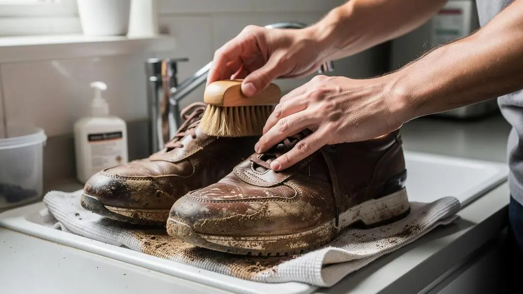Mains nettoyant des baskets en cuir sales avec une brosse douce au-dessus d'un évier, chaussures présentant traces de boue