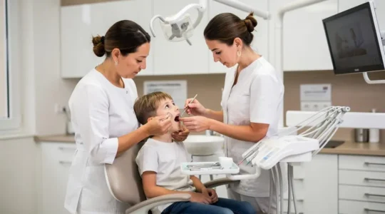 Orthodontiste examinant la dentition d'un enfant de 7 ans assis dans un fauteuil dentaire dans un cabinet moderne