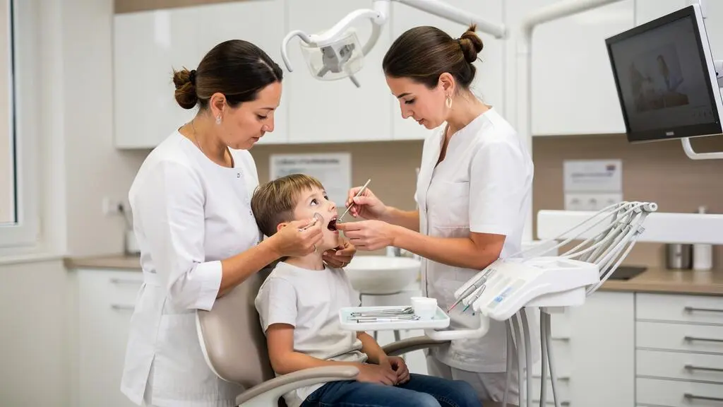 Orthodontiste examinant la dentition d'un enfant de 7 ans assis dans un fauteuil dentaire dans un cabinet moderne