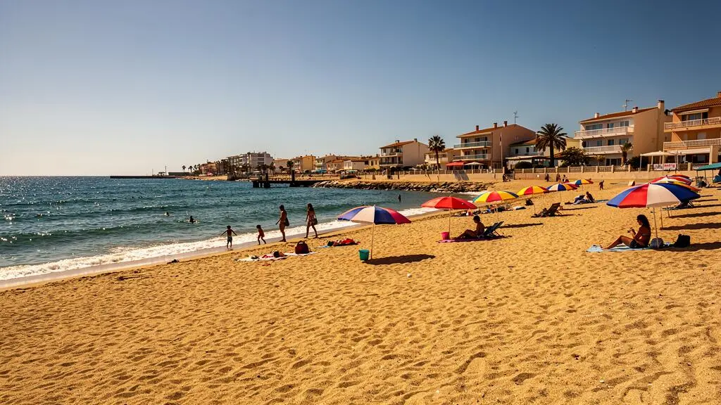 Plage de sable du Grau-du-Roi avec baigneurs et parasols colorés face à la Méditerranée