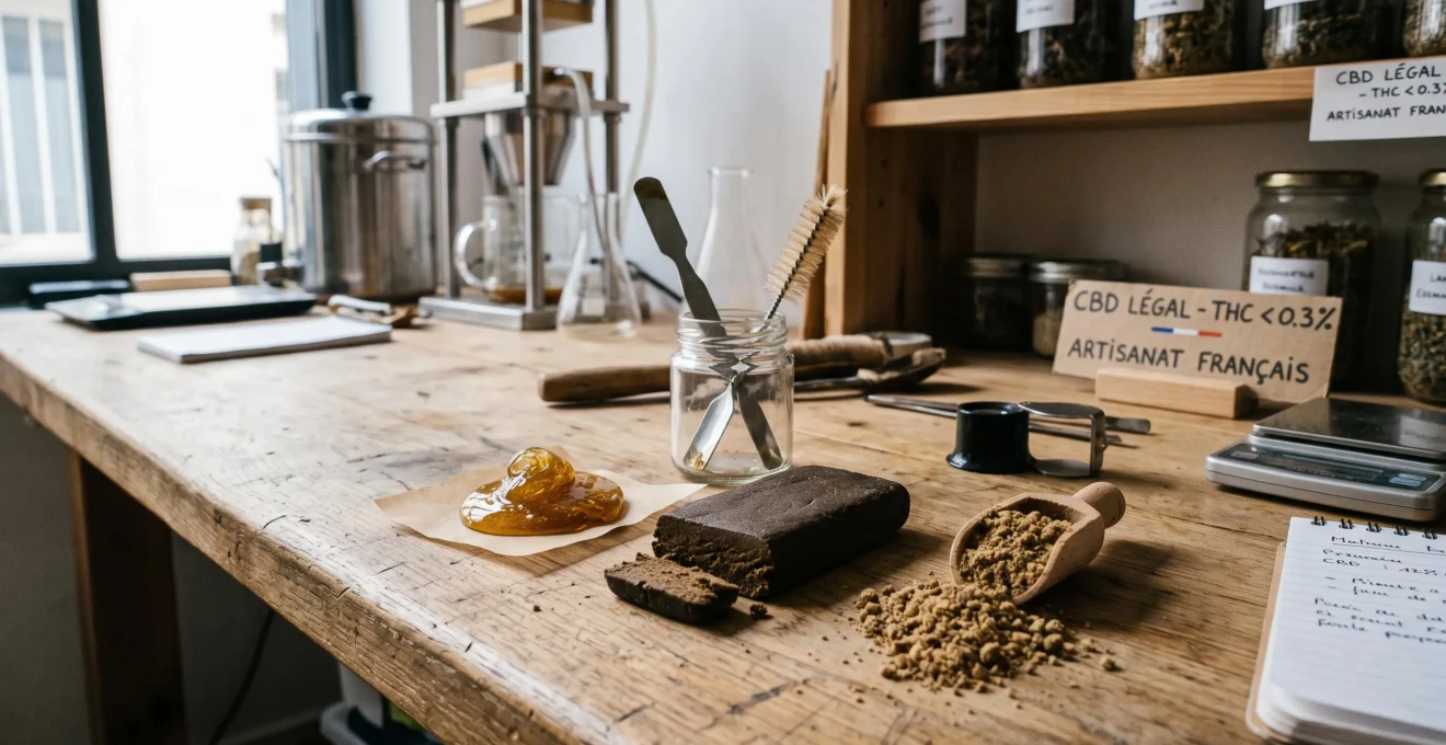 Trois échantillons de résine de CBD de textures différentes disposés sur une surface en bois dans un atelier de production artisanale