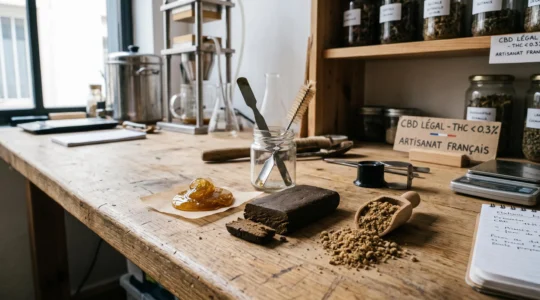 Trois échantillons de résine de CBD de textures différentes disposés sur une surface en bois dans un atelier de production artisanale