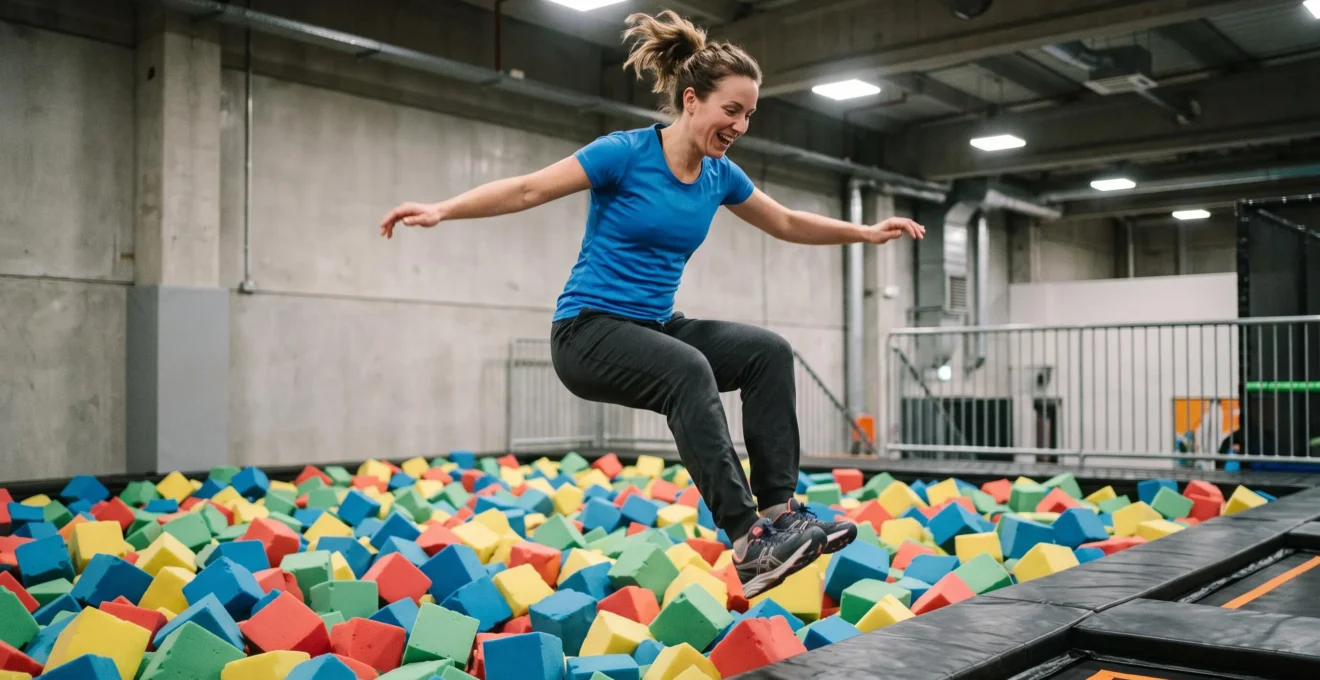 Professionnelle sautant dans une fosse à mousse colorée après une course d'élan sur trampoline dans un trampoline park