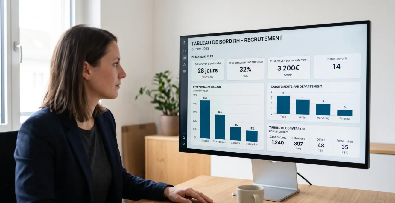 Tableau de bord RH sur grand écran affichant des indicateurs de performance du recrutement (délai moyen, taux de conversion, coûts) avec responsable RH analysant les données