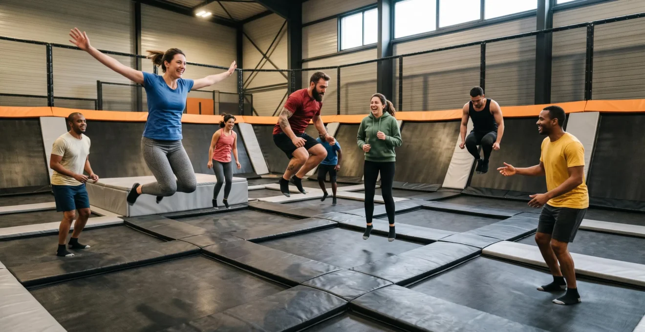 Groupe de collègues adultes sautant ensemble sur des trampolines lors d'une session de team building dans un trampoline park intérieur moderne