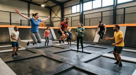 Groupe de collègues adultes sautant ensemble sur des trampolines lors d'une session de team building dans un trampoline park intérieur moderne