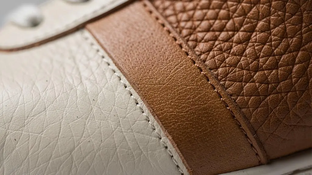 Gros plan sur la texture et le grain naturel du cuir d'une basket montrant les pores et la qualité du matériau