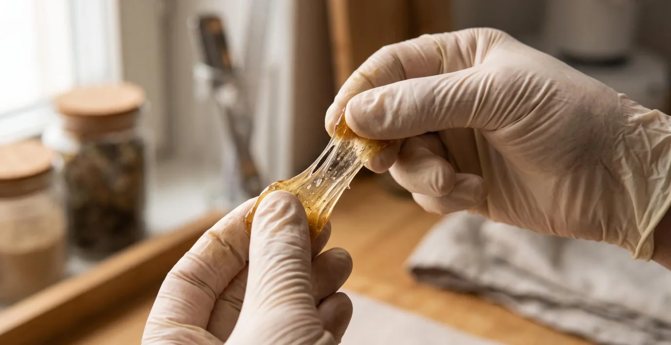 Main gantée d'artisan examinant de près la texture collante et ambrée d'une résine de CBD de type Piatella