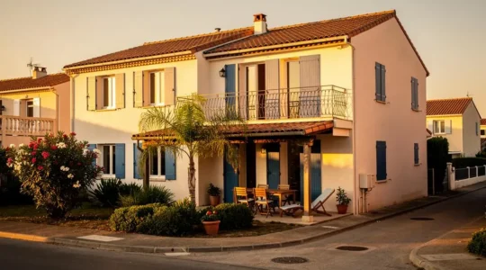Villa de location de vacances typique du Grau-du-Roi avec architecture méditerranéenne, volets bleus et jardin