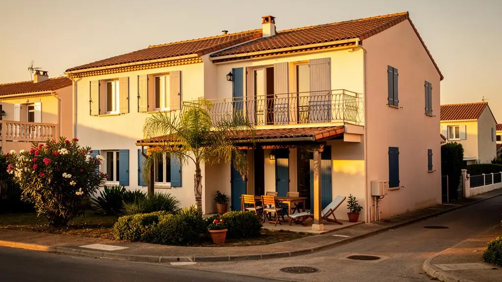 Villa de location de vacances typique du Grau-du-Roi avec architecture méditerranéenne, volets bleus et jardin