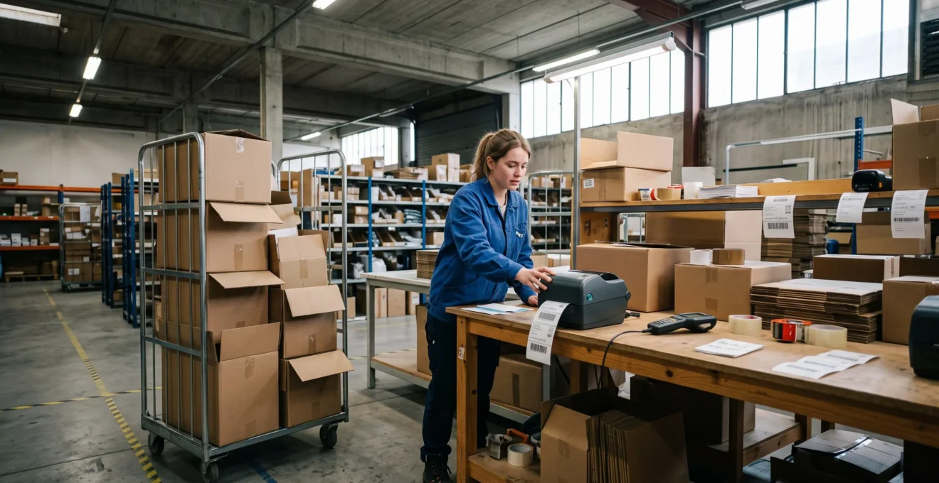 Employée logistique interrompue devant une étiqueteuse à l'arrêt dans un atelier de préparation de commandes, colis en attente sur un chariot.