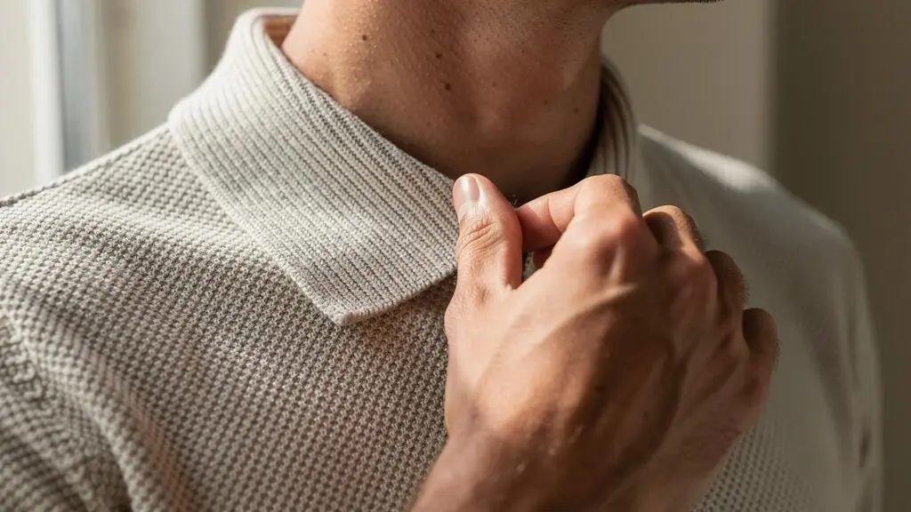 Gros plan sur la texture d'un polo en maille tricotée montrant la structure du tricot et la qualité du tissu, avec une main ajustant le col