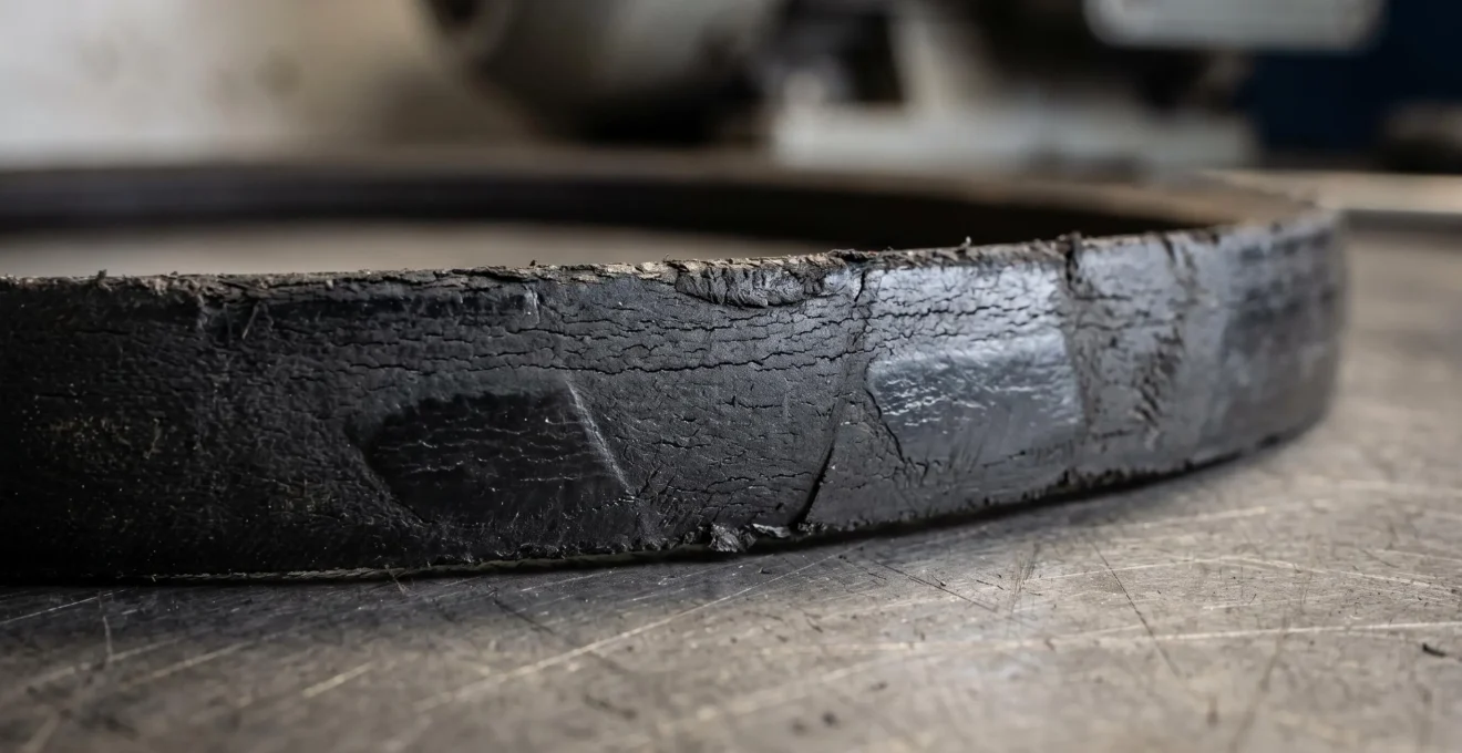 Gros plan sur une courroie trapézoïdale usagée montrant des signes de dégradation de surface et de craquelures