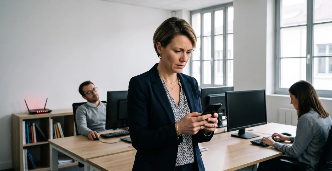 Dirigeante de PME examinant son smartphone sans réseau dans un open space, ses salariés immobilisés devant leurs écrans en arrière-plan.