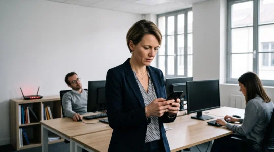 Dirigeante de PME examinant son smartphone sans réseau dans un open space, ses salariés immobilisés devant leurs écrans en arrière-plan.