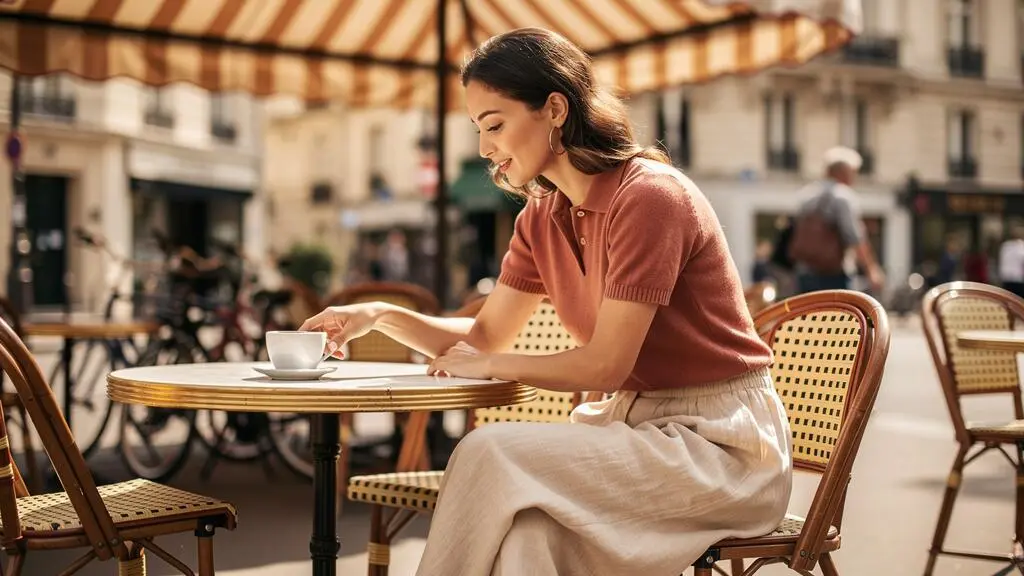 Femme portant un polo en maille avec un pantalon large, assise naturellement à la terrasse d'un café parisien en train de prendre son café